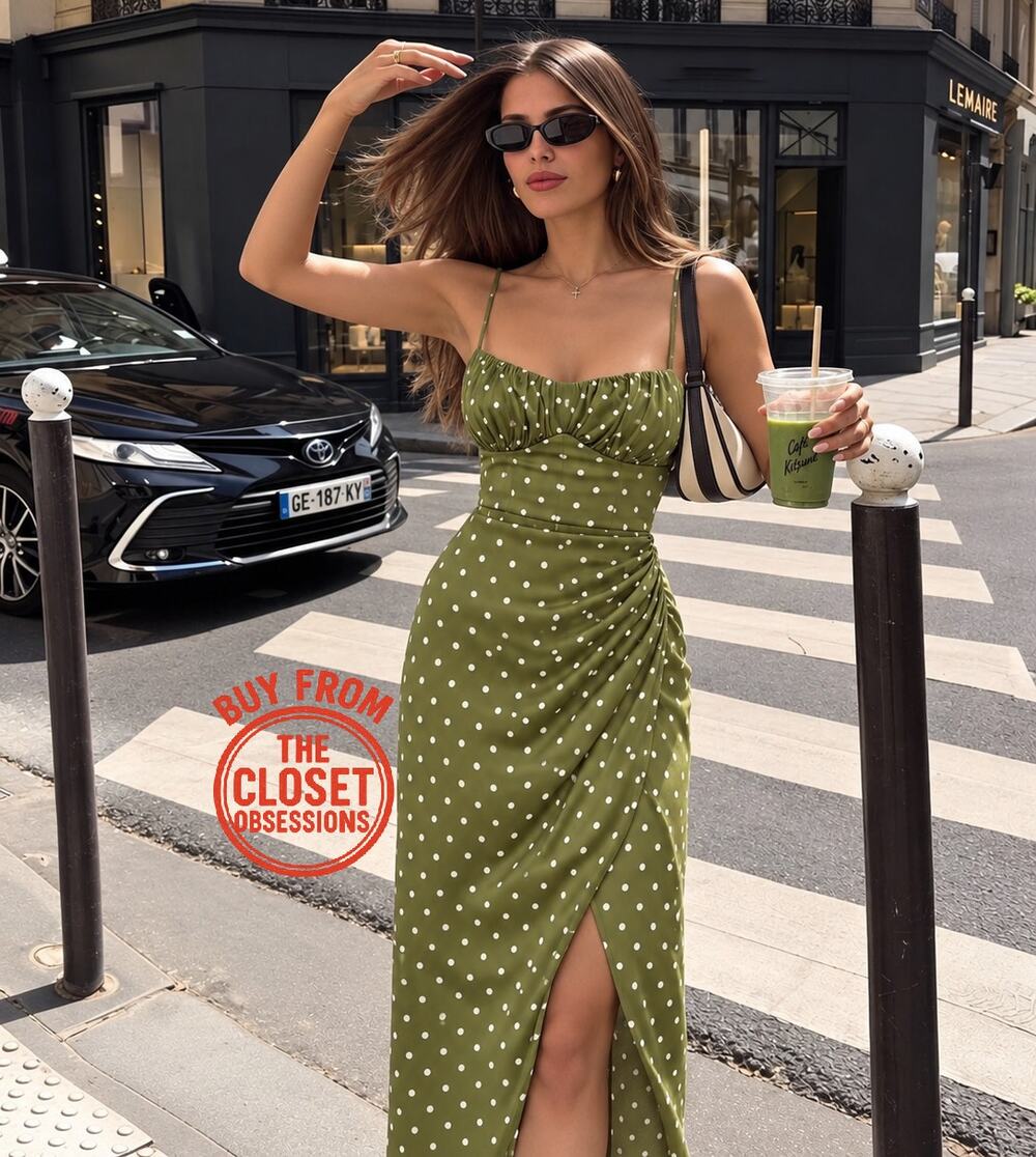 ZARA Olive Green Polka Dot Ruched Midi Dress NWT Cottagecore